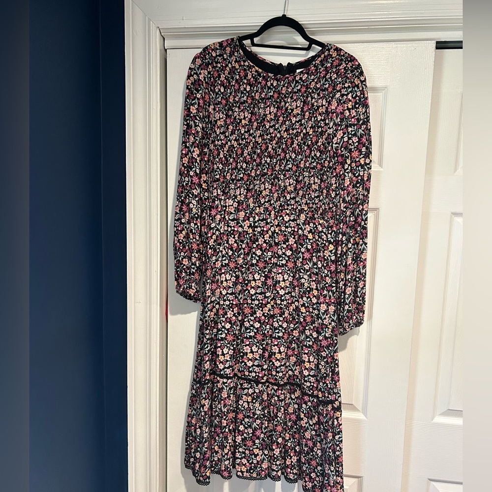 Lost + Wander Black Floral Smocked Dress with Pink and Peach Blooms